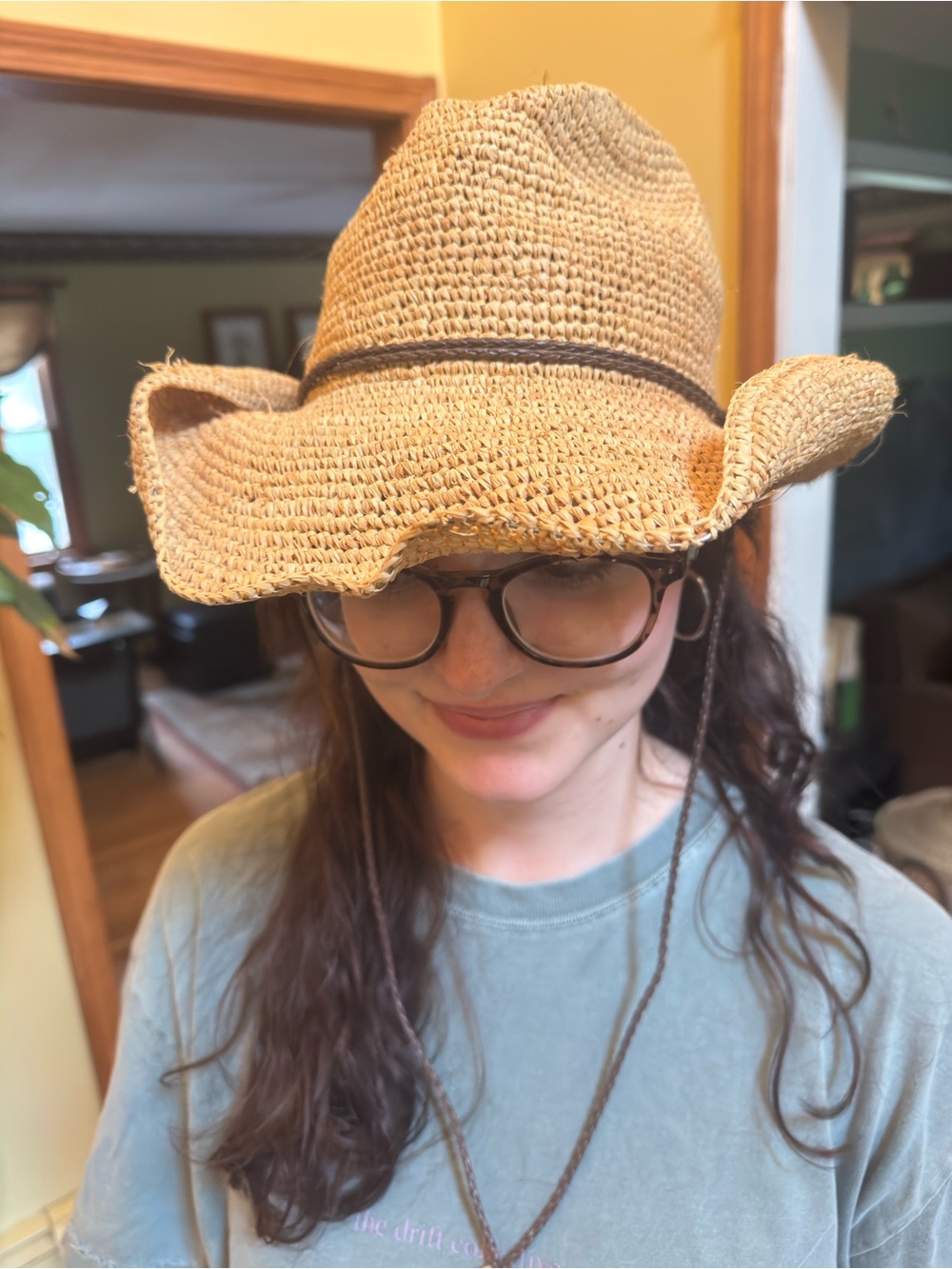 Woven Raffia crocheted Cowboy Western Hat with Chin Strap - Natural Beige